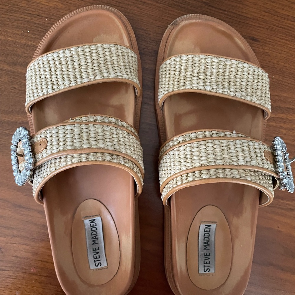 Steve Madden Natural Orson Crystal Buckle Raffia Slide Sandal Size 9